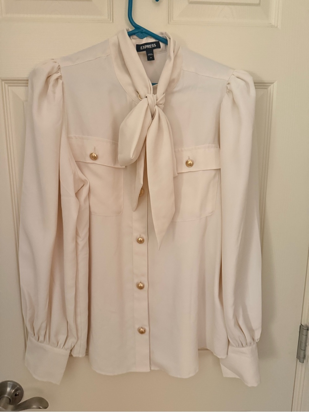 Express Cream Bow-Tie Blouse with Gold Buttons